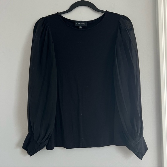 Premise Black Blouse with Puff Sleeves and Relaxed Fit - Picture 1 of 6